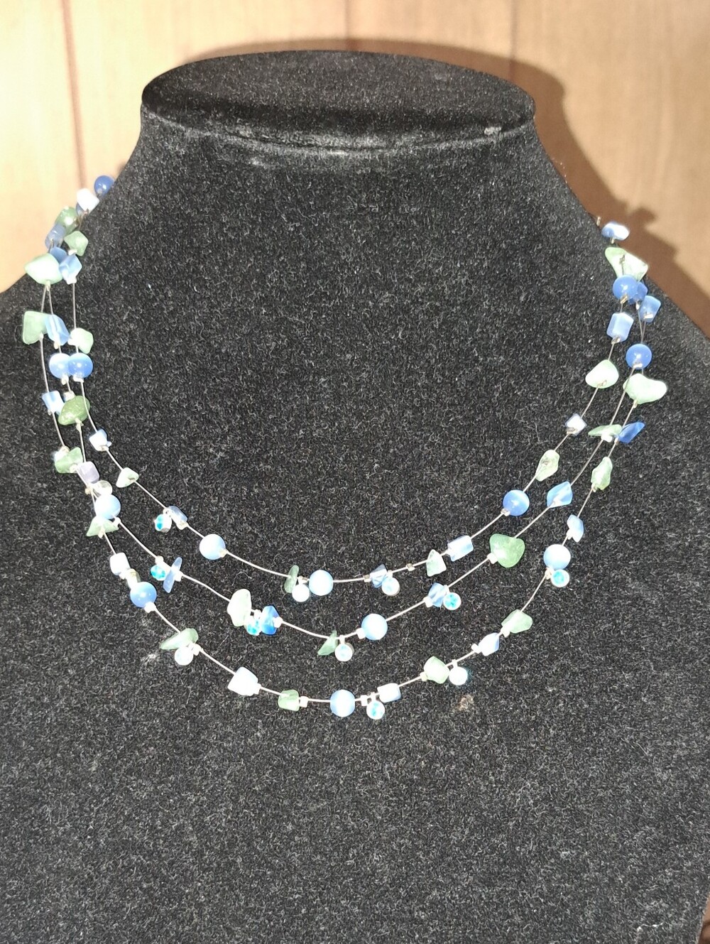 Ocean Blues Greens Floating Glass Bead Multistrand Necklace  Gorgeous Rhinestone